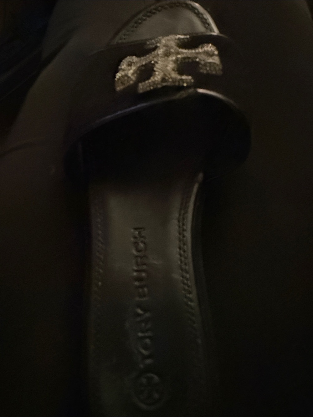 Tory Burch Black Slide Mule with Glitter Gold Logo